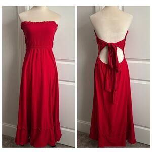 Dunes Red Strapless Ruched Maxi Dress Beachy Summer Boho Coastal Sz S